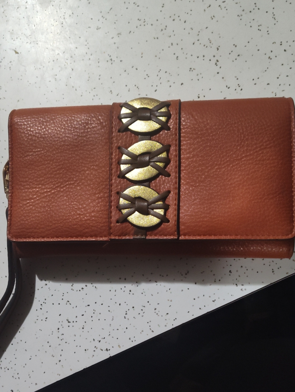 Women's Orange Leather Wallet Clutch with Gold Accent